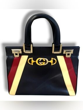 Gucci Zumi Medium Top Handle Tote Navy Burgundy Ivory Colorblock SS2019